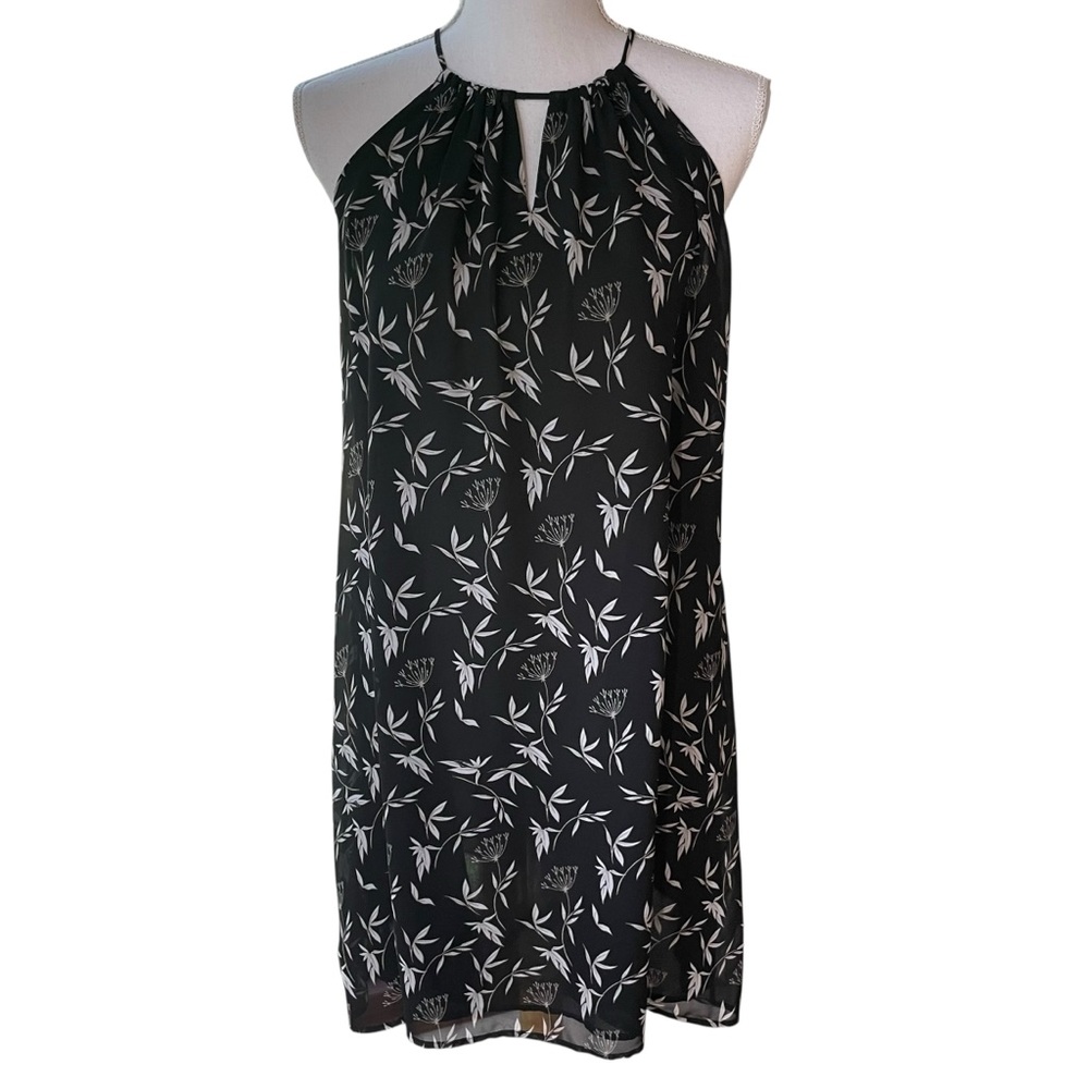 LOFT Black Floral Print Halter Mini Dress